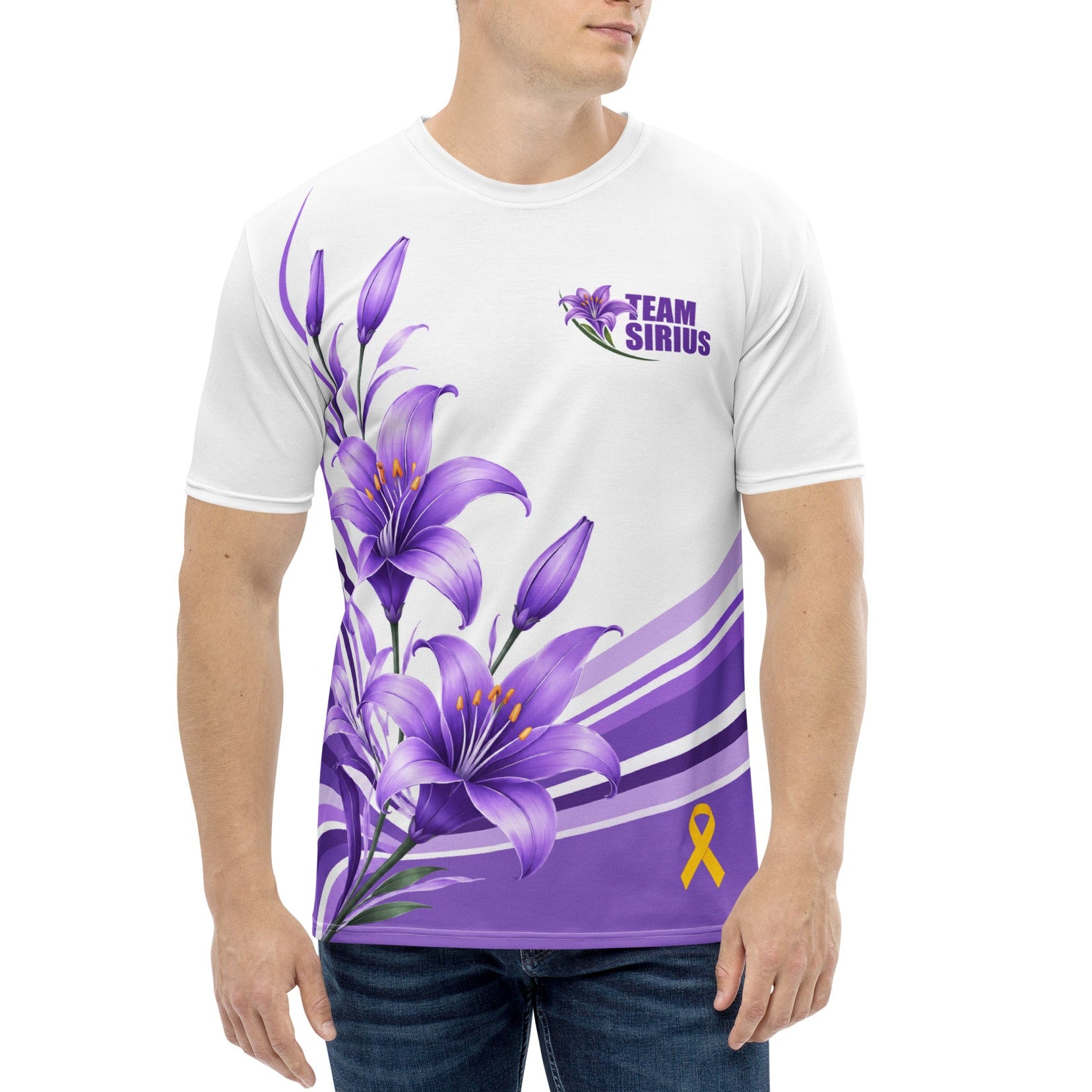 A man wearing a white short-sleeve t-shirt with a purple lily floral print, a purple 'TEAM SIRIUS' logo on the chest, and a purple and yellow ribbon graphic near the hem, set against a plain white background.